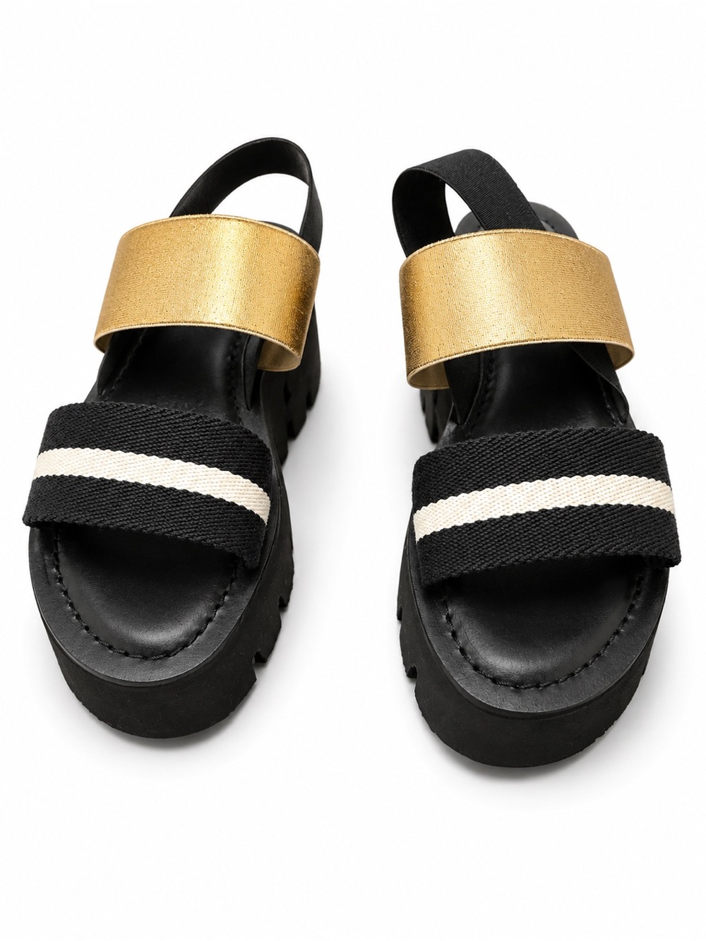 Pollini Black, Gold & Cream Striped Elastic Strap Sandals